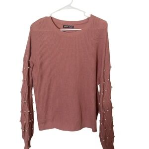 Shein Womens Pink Knit Sweater Pearl Beaded‎ Sleeves Crew Neck Medium US6